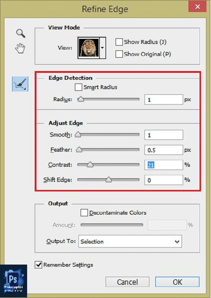 Thiết lập các thông số trong hộp thoại Refine Edge