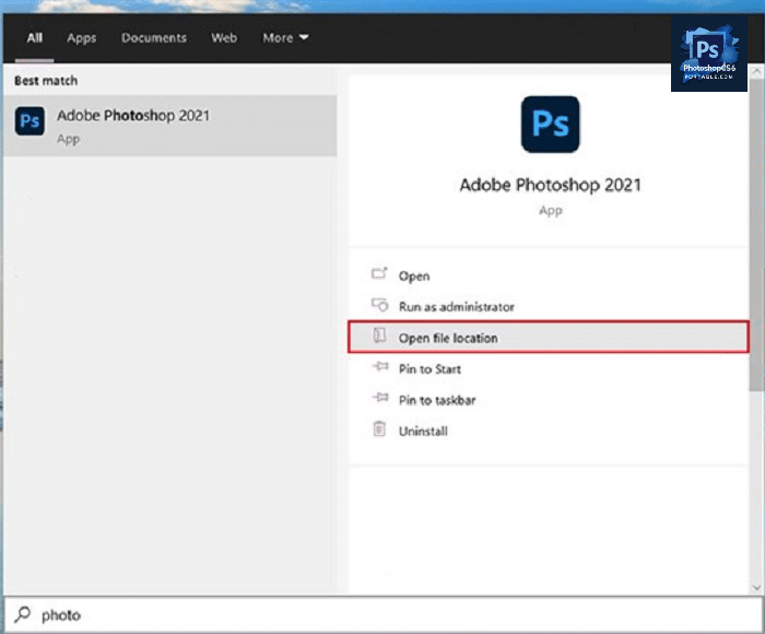 Mở vị trí lưu phần mềm Photoshop